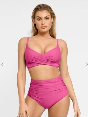 Popilush Pink Ruched Sculpting & Control Bikini Top and Bottom Set - Med - NWT